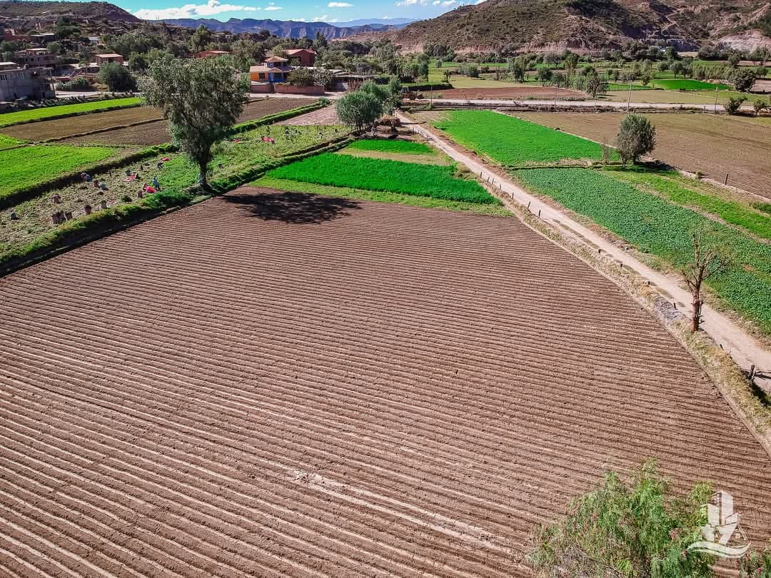 Vista aérea del terreno agrícola en Irpa Irpa, Capinota, con campos y acceso lateral visible